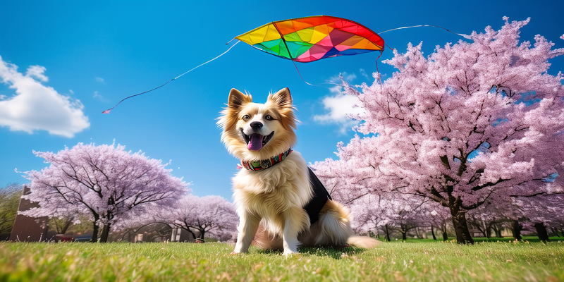 春日公园：风筝与狗狗在蓝天下共舞